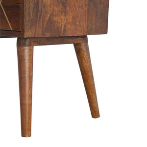 Chestnut Mango Wood Bedside Table | 2 Drawers | Geometric Brass Inlay