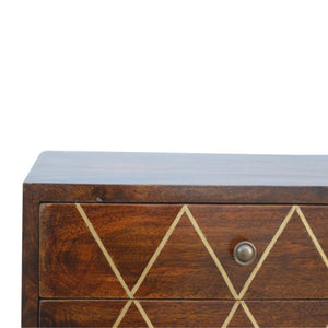 Chestnut Mango Wood Bedside Table | 2 Drawers | Geometric Brass Inlay