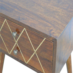 Chestnut Mango Wood Bedside Table | 2 Drawers | Geometric Brass Inlay