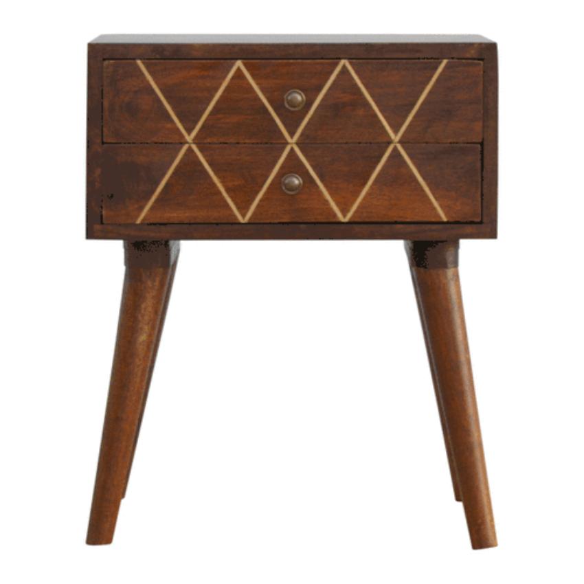 Chestnut Mango Wood Bedside Table | 2 Drawers | Geometric Brass Inlay