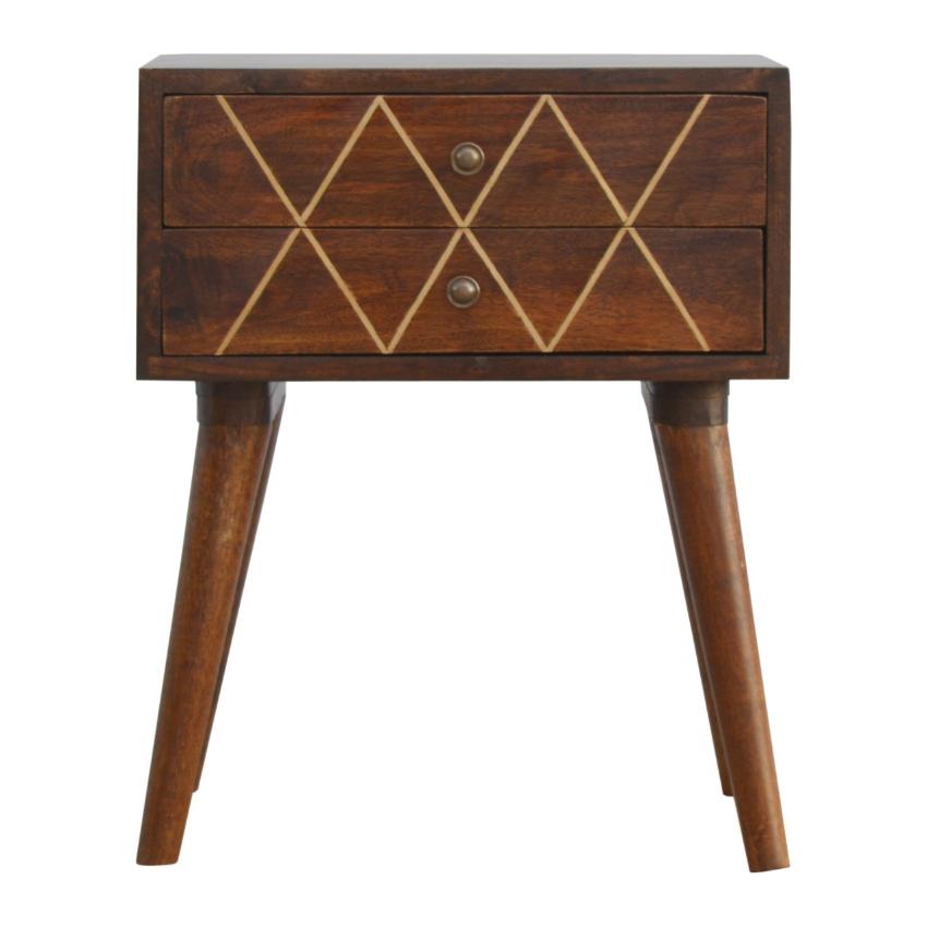 Chestnut Mango Wood Bedside Table | 2 Drawers | Geometric Brass Inlay