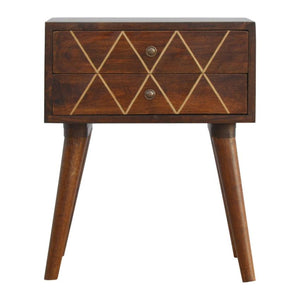 Chestnut Mango Wood Bedside Table | 2 Drawers | Geometric Brass Inlay