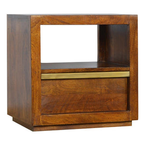 Chestnut Mango Wood Bedside Table | Gold Bar Drawer & Open Shelf