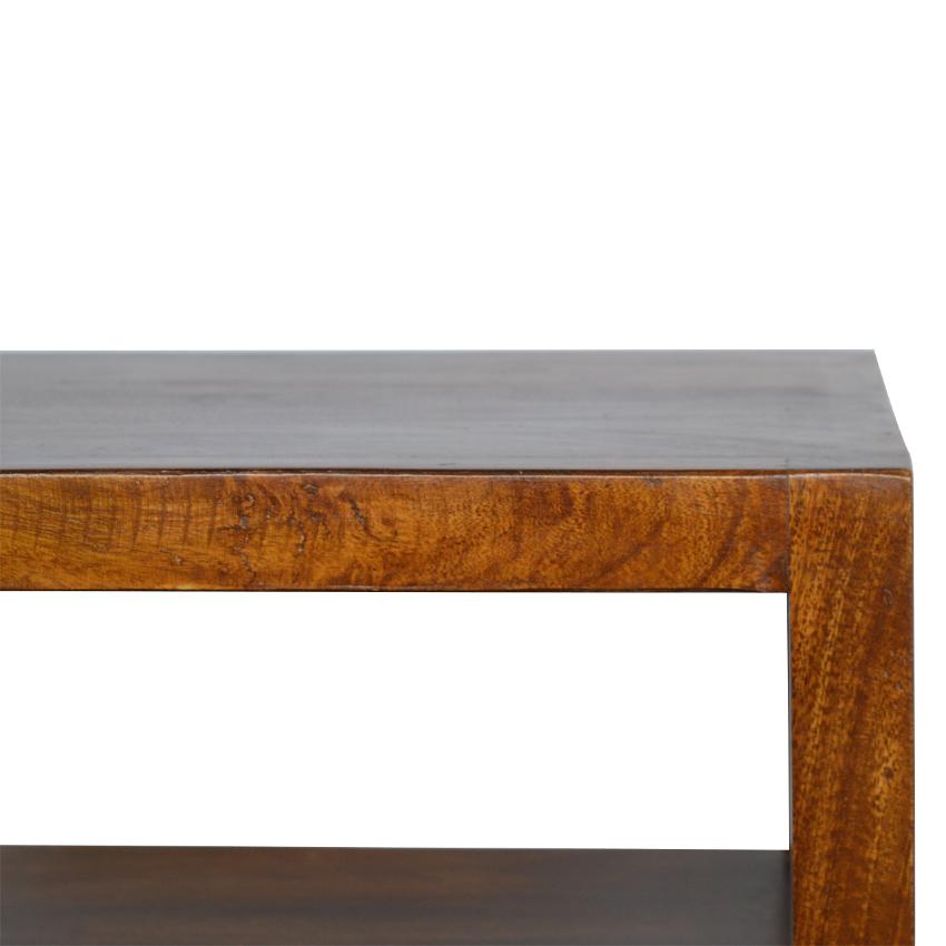 Chestnut Mango Wood Bedside Table | Gold Bar Drawer & Open Shelf
