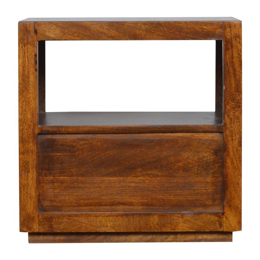 Chestnut Mango Wood Bedside Table | Gold Bar Drawer & Open Shelf