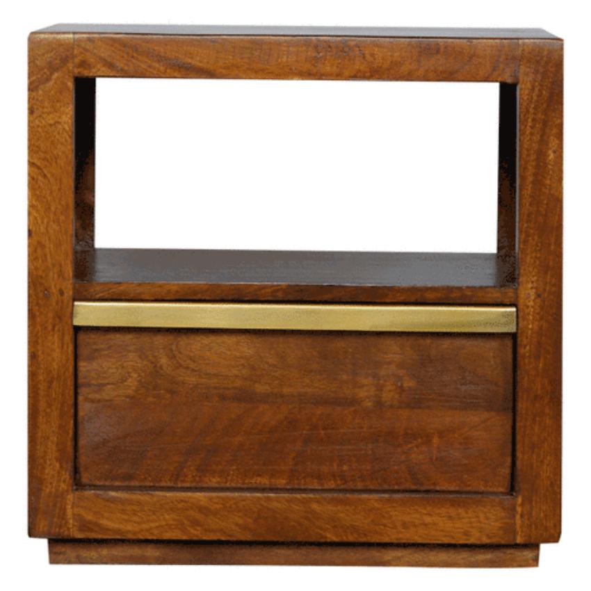 Chestnut Mango Wood Bedside Table | Gold Bar Drawer & Open Shelf