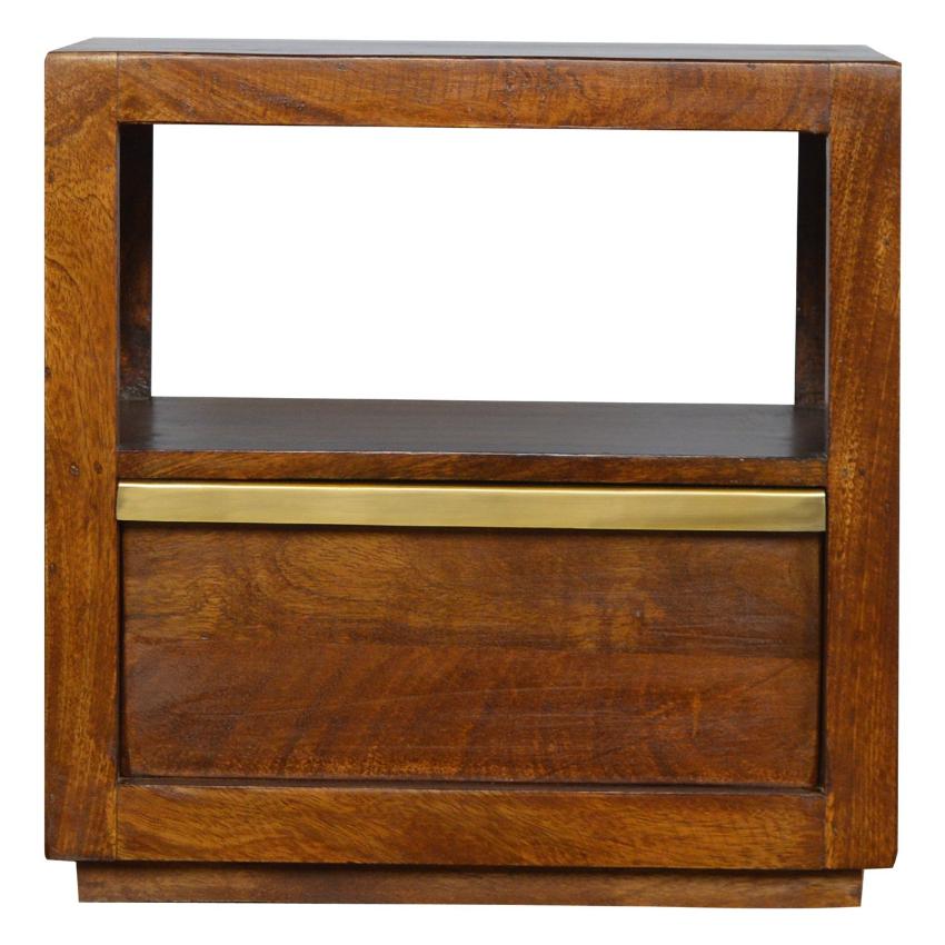 Chestnut Mango Wood Bedside Table | Gold Bar Drawer & Open Shelf