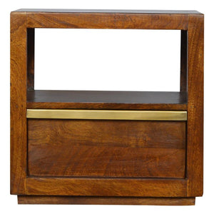 Chestnut Mango Wood Bedside Table | Gold Bar Drawer & Open Shelf
