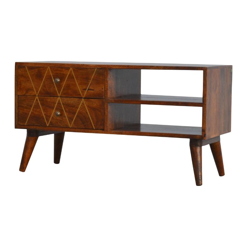 Chestnut Mango Wood Media Unit | 2 Brass Inlay Drawers | Open Shelves
