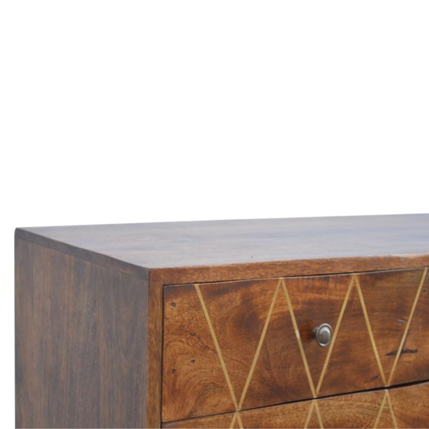 Chestnut Mango Wood Media Unit | 2 Brass Inlay Drawers | Open Shelves