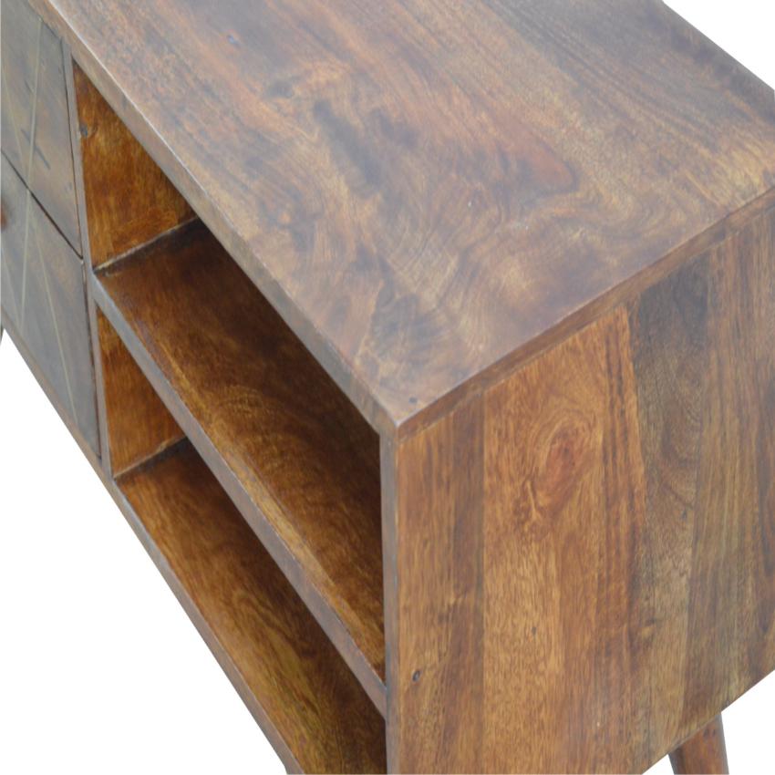 Chestnut Mango Wood Media Unit | 2 Brass Inlay Drawers | Open Shelves