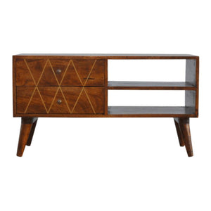 Chestnut Mango Wood Media Unit | 2 Brass Inlay Drawers | Open Shelves