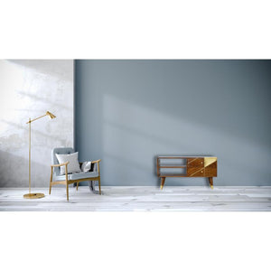 Chestnut Mango Wood Media Unit | Geometric Brass Inlay & Open Shelves