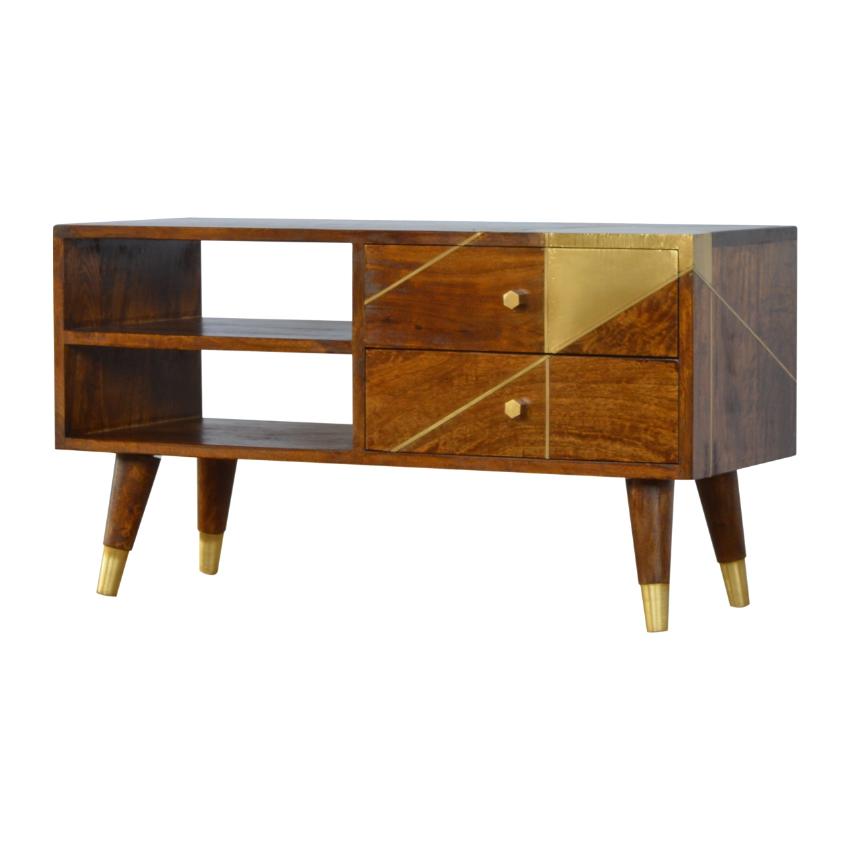 Chestnut Mango Wood Media Unit | Geometric Brass Inlay & Open Shelves
