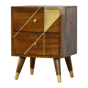 Solid Mango Wood Bedside Table | Chestnut Finish & Geometric Brass Inlay