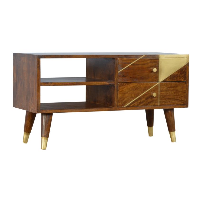 Chestnut Mango Wood Media Unit | Geometric Brass Inlay & Open Shelves