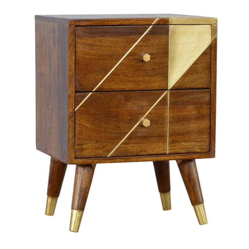Solid Mango Wood Bedside Table | Chestnut Finish & Geometric Brass Inlay