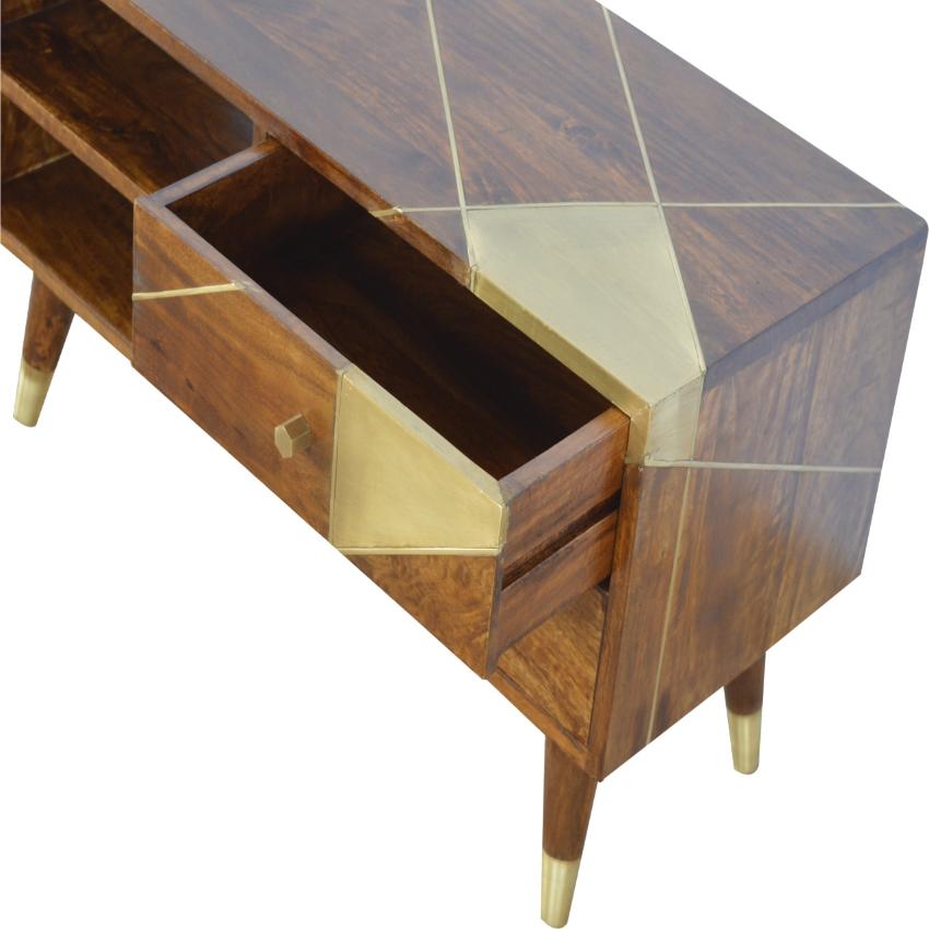 Chestnut Mango Wood Media Unit | Geometric Brass Inlay & Open Shelves