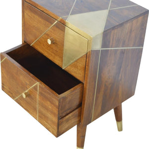 Solid Mango Wood Bedside Table | Chestnut Finish & Geometric Brass Inlay