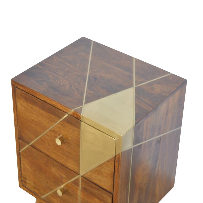 Solid Mango Wood Bedside Table | Chestnut Finish & Geometric Brass Inlay