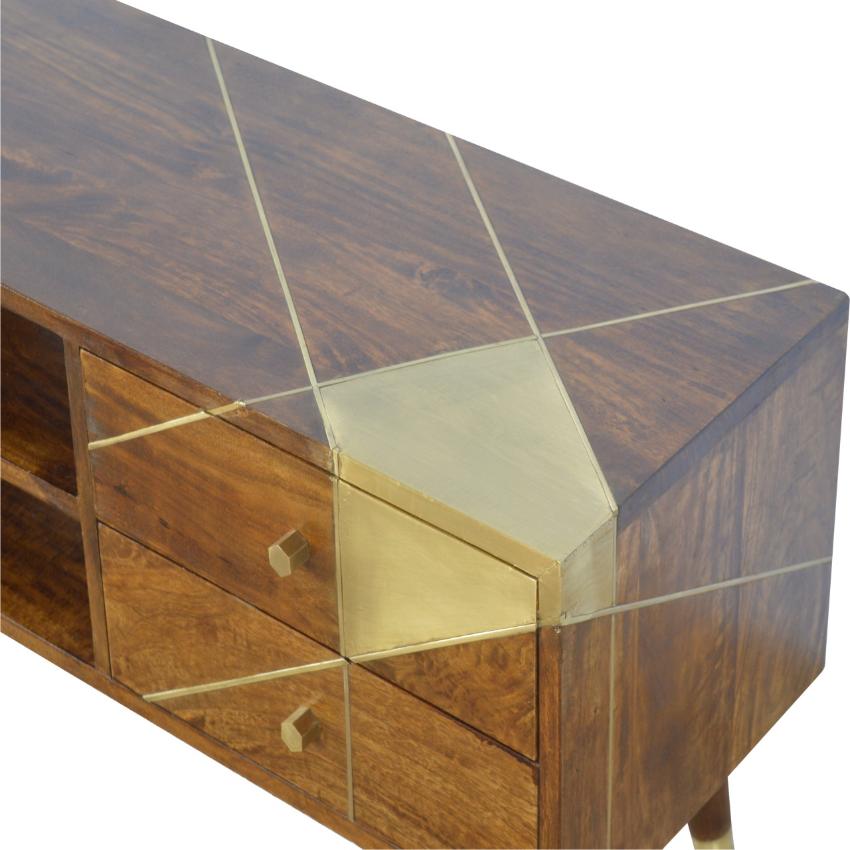 Chestnut Mango Wood Media Unit | Geometric Brass Inlay & Open Shelves