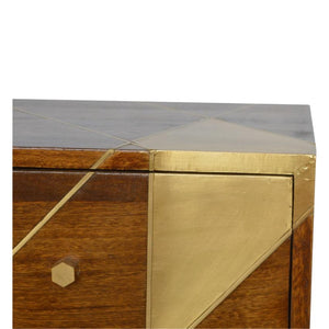 Solid Mango Wood Bedside Table | Chestnut Finish & Geometric Brass Inlay