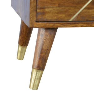 Solid Mango Wood Bedside Table | Chestnut Finish & Geometric Brass Inlay