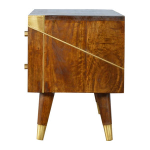 Chestnut Mango Wood Media Unit | Geometric Brass Inlay & Open Shelves