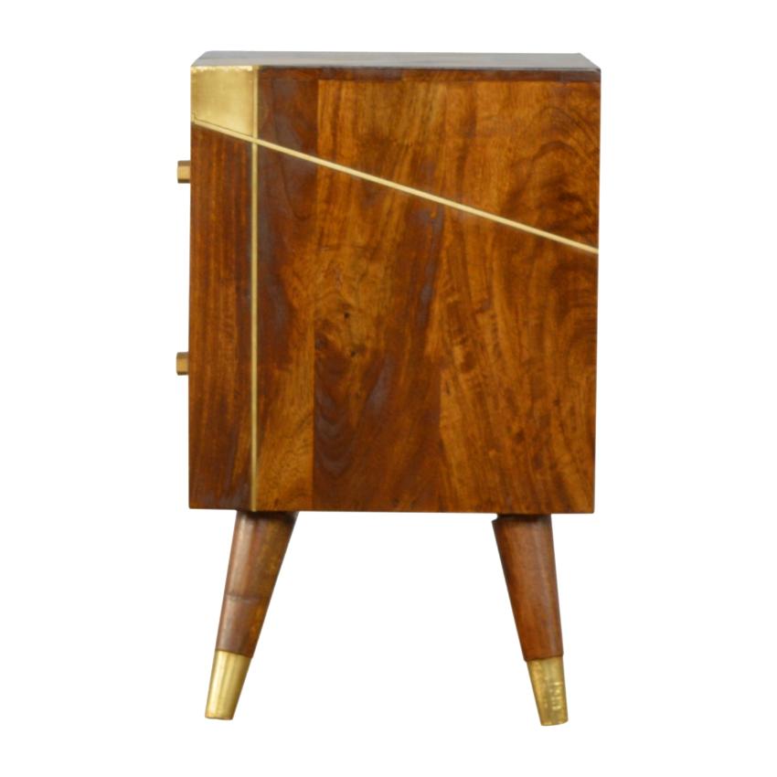 Solid Mango Wood Bedside Table | Chestnut Finish & Geometric Brass Inlay