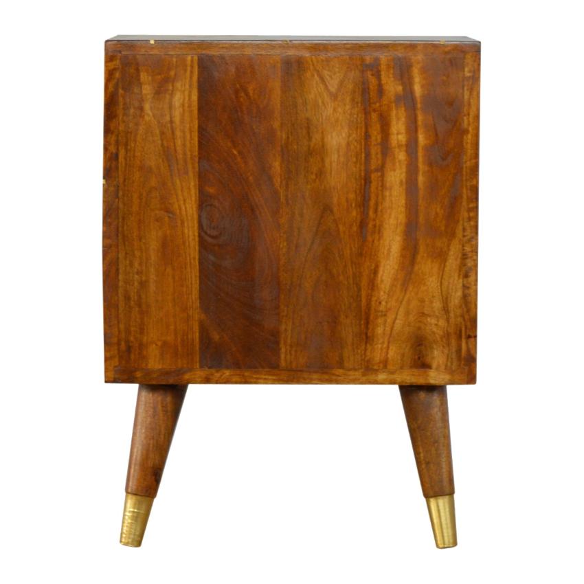 Solid Mango Wood Bedside Table | Chestnut Finish & Geometric Brass Inlay