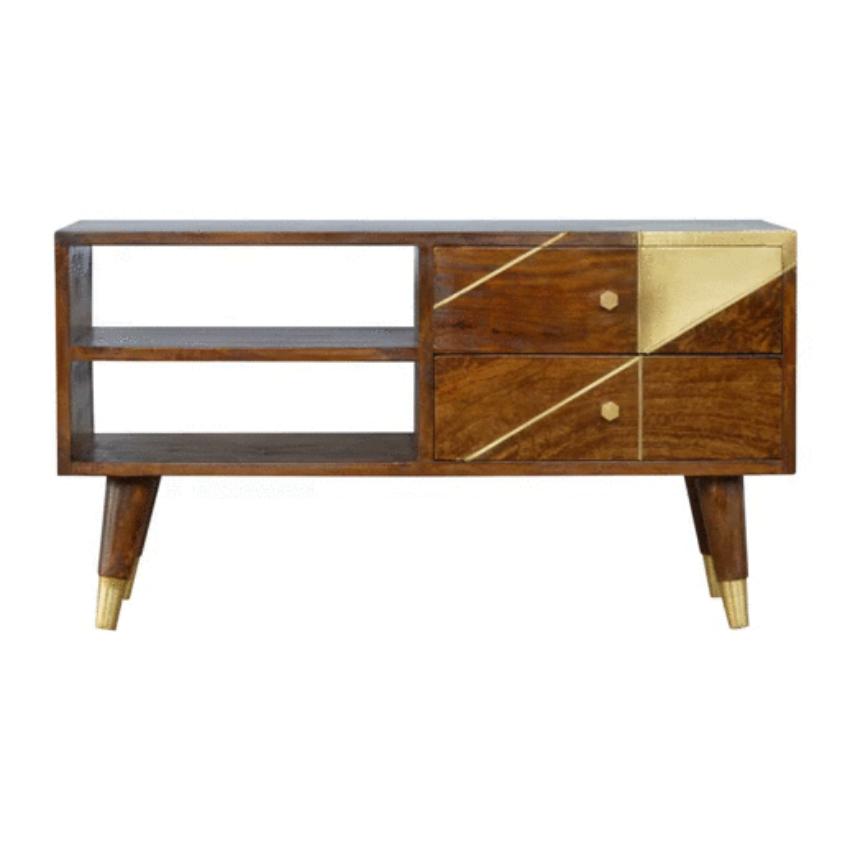 Chestnut Mango Wood Media Unit | Geometric Brass Inlay & Open Shelves