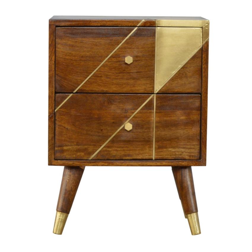 Solid Mango Wood Bedside Table | Chestnut Finish & Geometric Brass Inlay