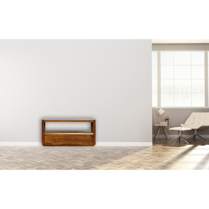Chestnut Mango Wood TV Unit | Gold Bar Drawer & Open Shelf
