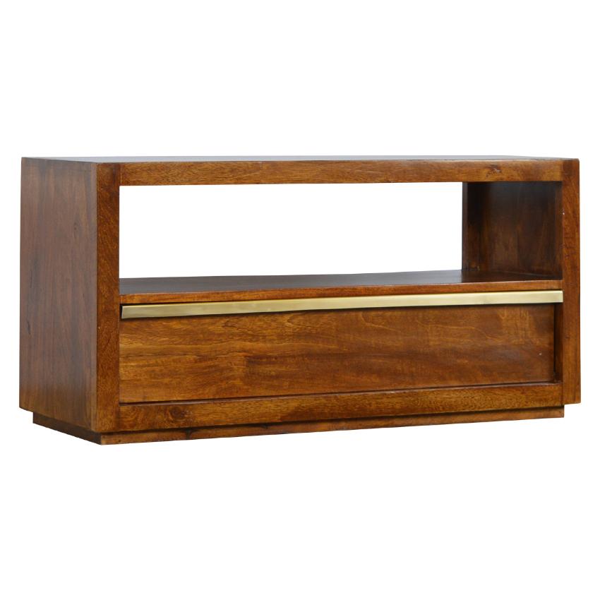 Chestnut Mango Wood TV Unit | Gold Bar Drawer & Open Shelf