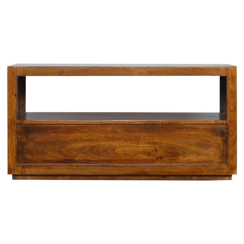 Chestnut Mango Wood TV Unit | Gold Bar Drawer & Open Shelf