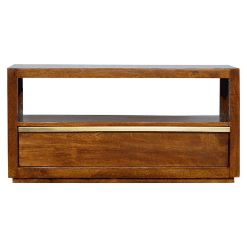 Chestnut Mango Wood TV Unit | Gold Bar Drawer & Open Shelf
