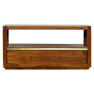 Chestnut Mango Wood TV Unit | Gold Bar Drawer & Open Shelf