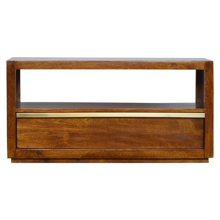 Chestnut Mango Wood TV Unit | Gold Bar Drawer & Open Shelf