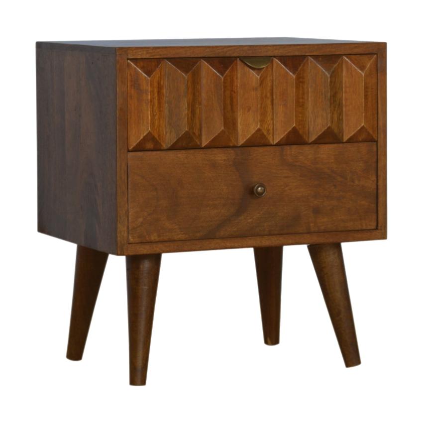 Chestnut Prism Bedside Table | Solid Wood | Hand-Carved Drawer Front