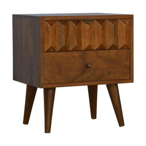 Chestnut Prism Bedside Table | Solid Wood | Hand-Carved Drawer Front