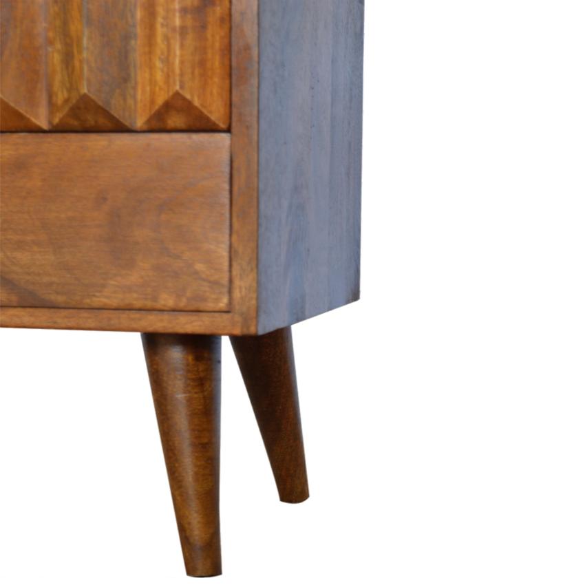Chestnut Prism Bedside Table | Solid Wood | Hand-Carved Drawer Front