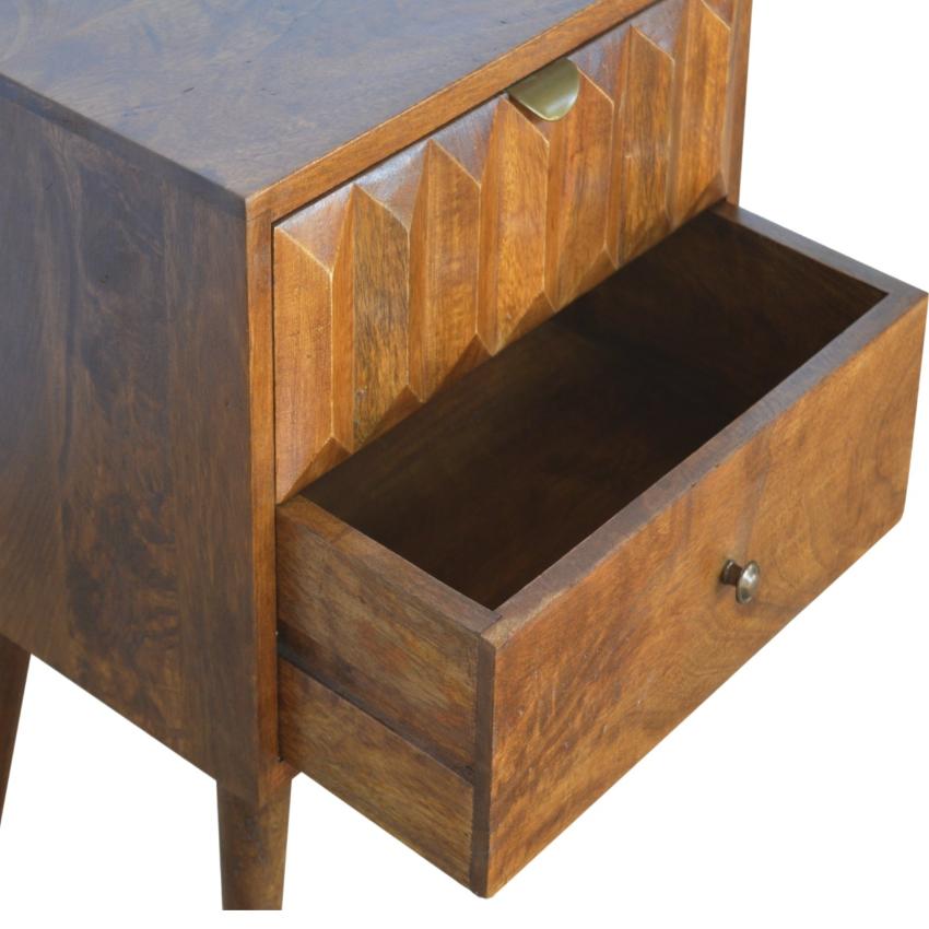 Chestnut Prism Bedside Table | Solid Wood | Hand-Carved Drawer Front
