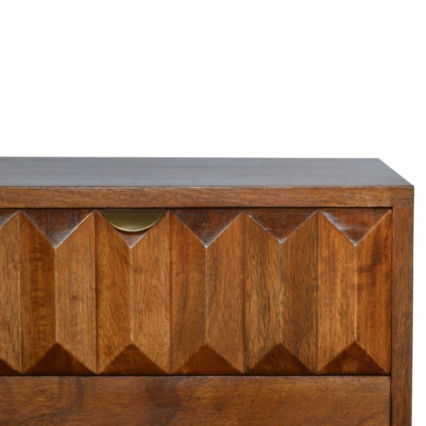 Chestnut Prism Bedside Table | Solid Wood | Hand-Carved Drawer Front
