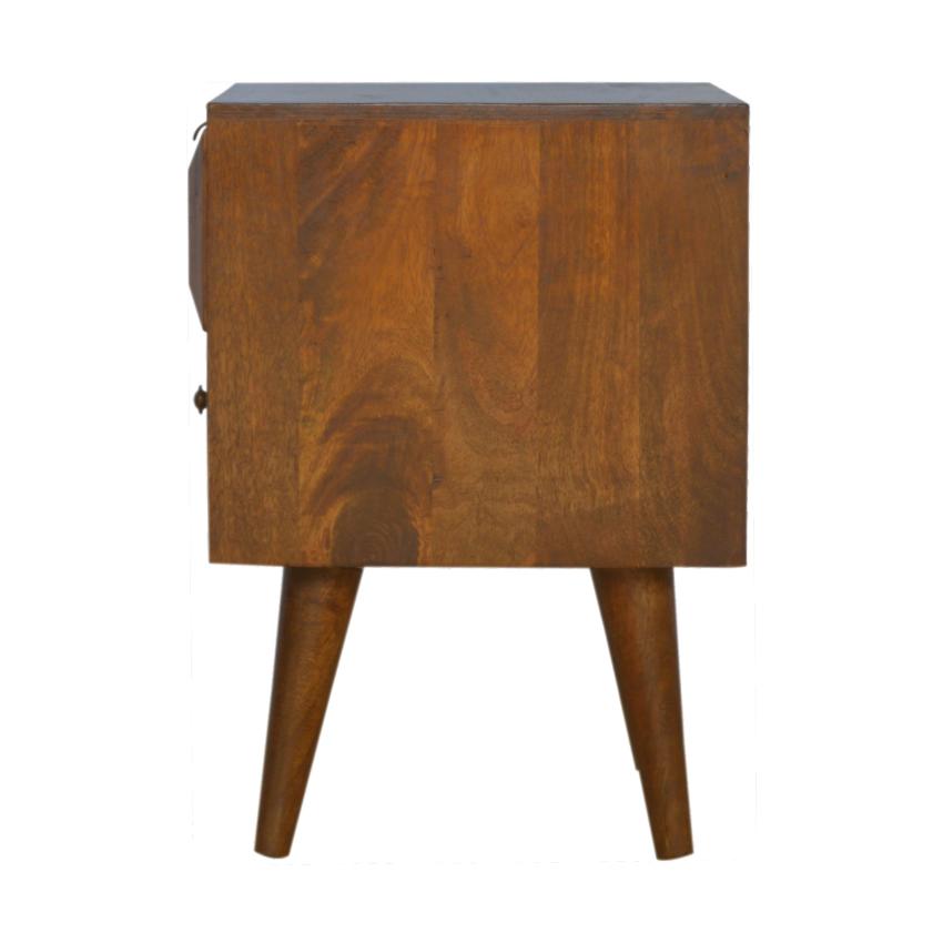 Chestnut Prism Bedside Table | Solid Wood | Hand-Carved Drawer Front