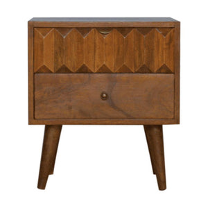 Chestnut Prism Bedside Table | Solid Wood | Hand-Carved Drawer Front