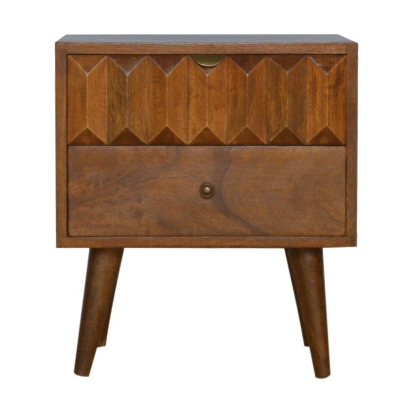 Chestnut Prism Bedside Table | Solid Wood | Hand-Carved Drawer Front