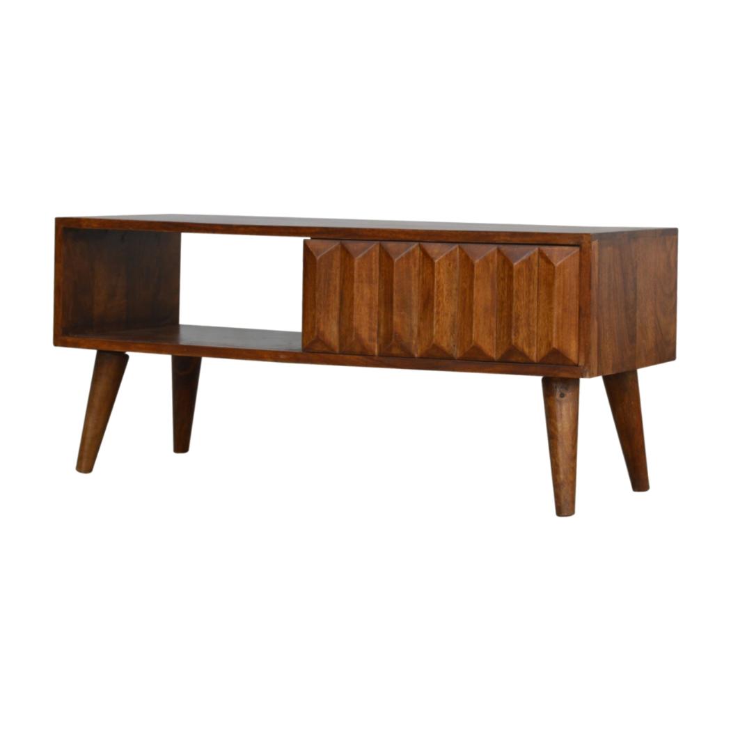 Chestnut Prism Sliding Media Unit | Geometric Detail | Entertainment Storage