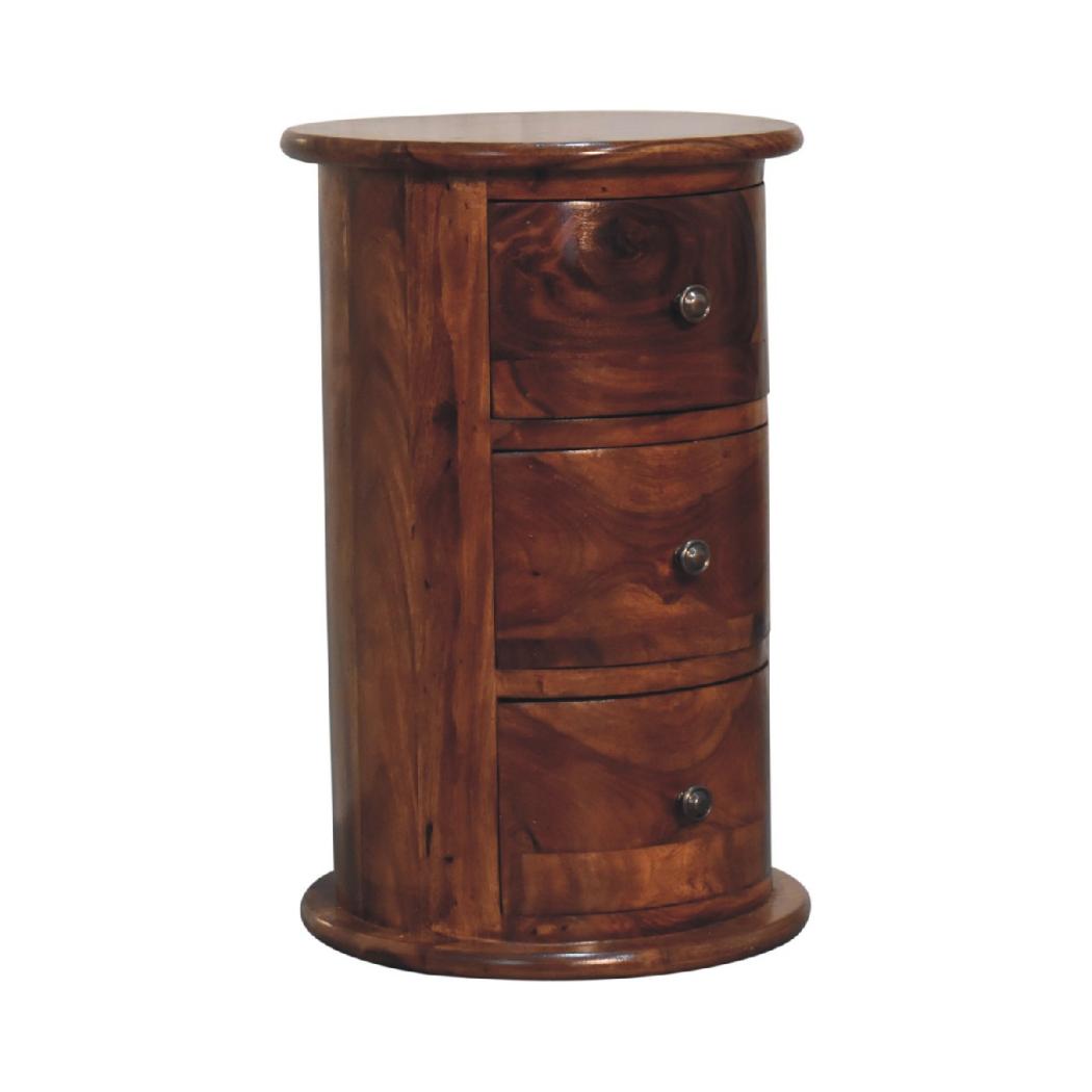 Chestnut Sheesham Drum Chest | 3 Drawer Storage | Rounded Bedroom Cabinet