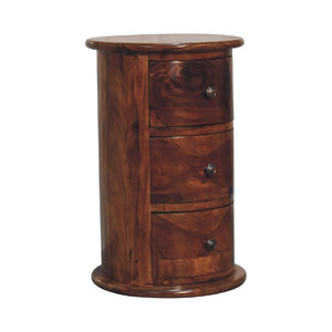 Chestnut Sheesham Drum Chest | 3 Drawer Storage | Rounded Bedroom Cabinet