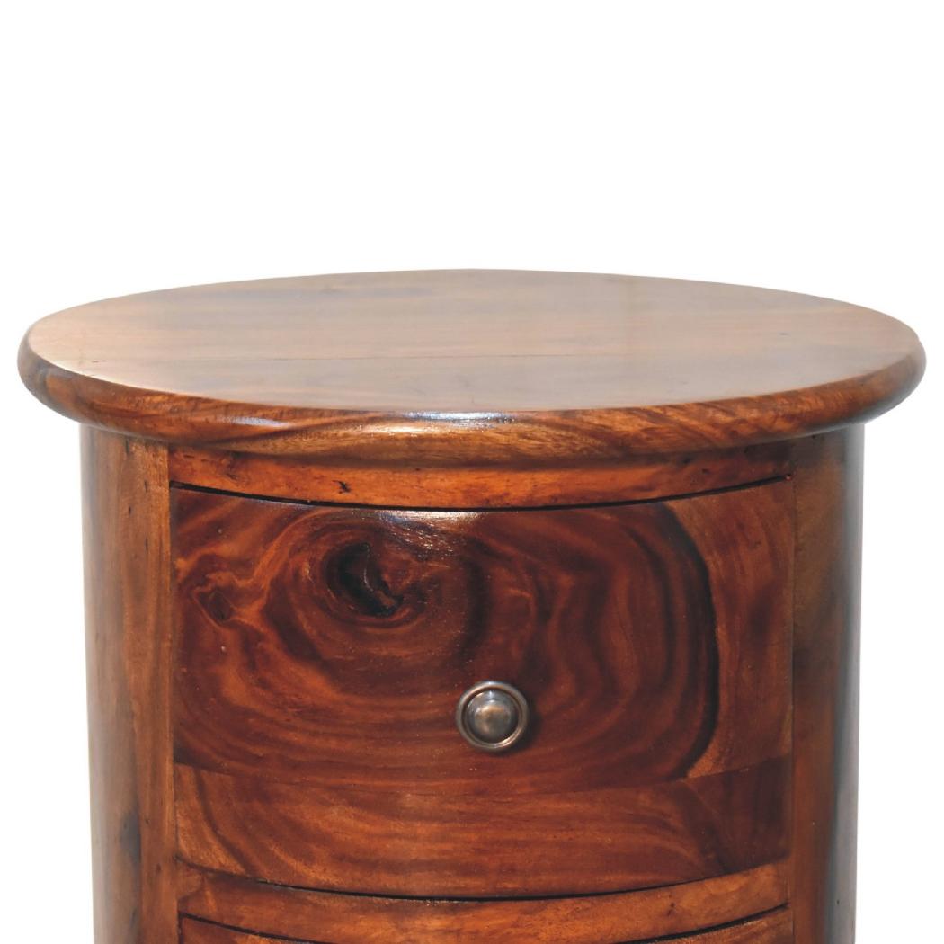 Chestnut Sheesham Drum Chest | 3 Drawer Storage | Rounded Bedroom Cabinet